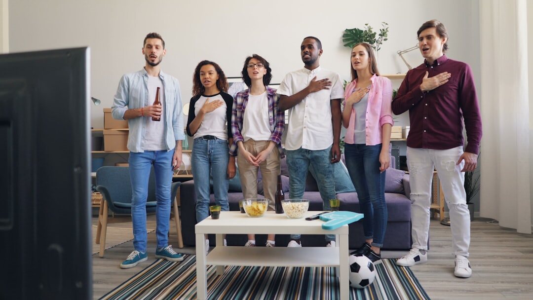 group watching tv